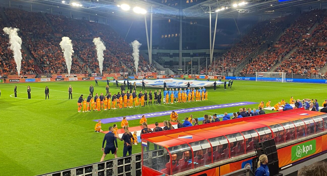 Pre-game show for the Women's Nations League, with players lining up for the national anthems.